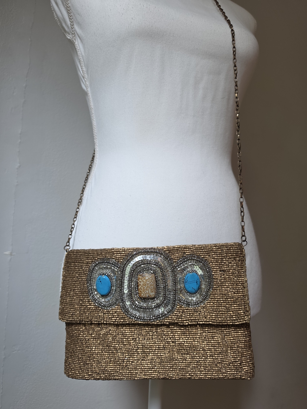 Gold Beaded Crossbody Bag with Turquoise Accents From Big Buddha